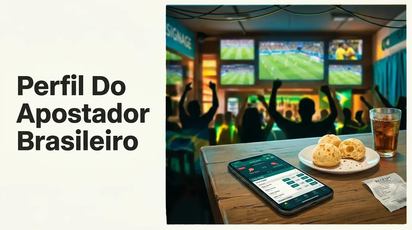 Apostador brasileiro usando aplicativo de apostas com pão de queijo.